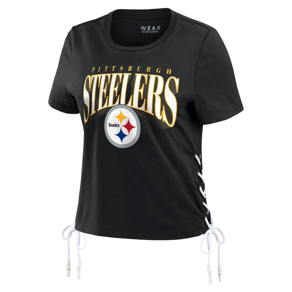 Pittsburgh Steelers WEAR by Erin Andrews Women's Lace Up Side Modest Cropped T-Shirt - Black sale