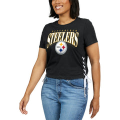 Pittsburgh Steelers WEAR by Erin Andrews Women's Lace Up Side Modest Cropped T-Shirt - Black sale