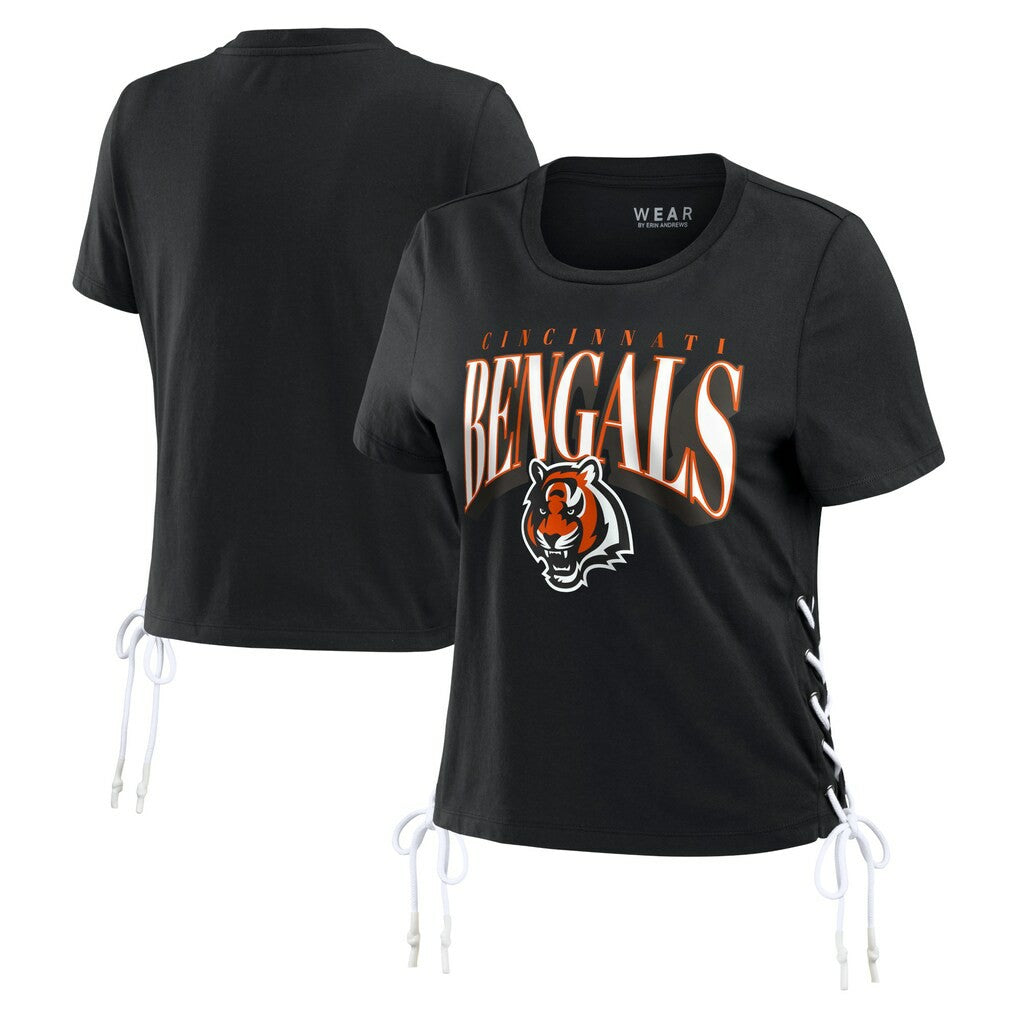 Cincinnati Bengals WEAR by Erin Andrews Women's Lace Up Side Modest Cropped T-Shirt - Black online