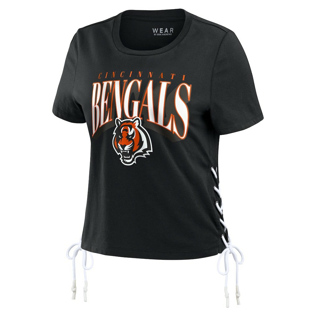 Cincinnati Bengals WEAR by Erin Andrews Women's Lace Up Side Modest Cropped T-Shirt - Black online