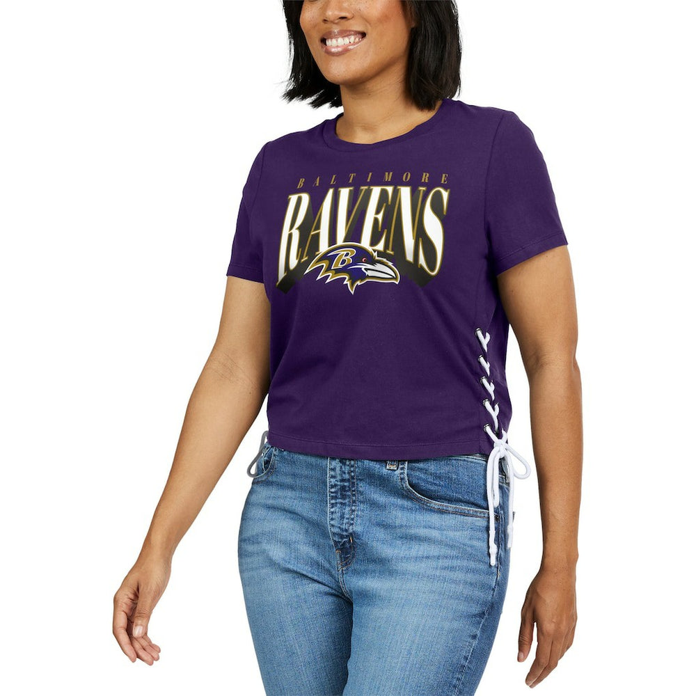 Baltimore Ravens WEAR by Erin Andrews Women's Lace Up Side Modest Cropped T-Shirt - Purple for sale
