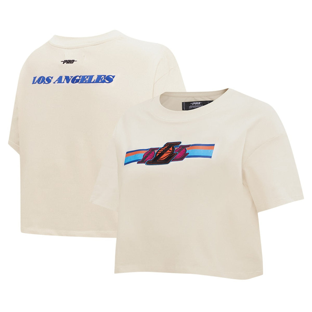 Los Angeles Lakers Pro Standard Women's Retro Striper SJ Cropped Boxy T-Shirt - Cream for sale