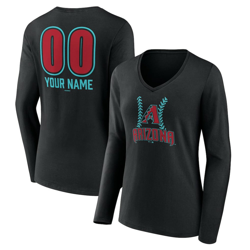 Arizona Diamondbacks Women's Personalized Name & Number Fastball Long Sleeve V-Neck T-Shirt - Black