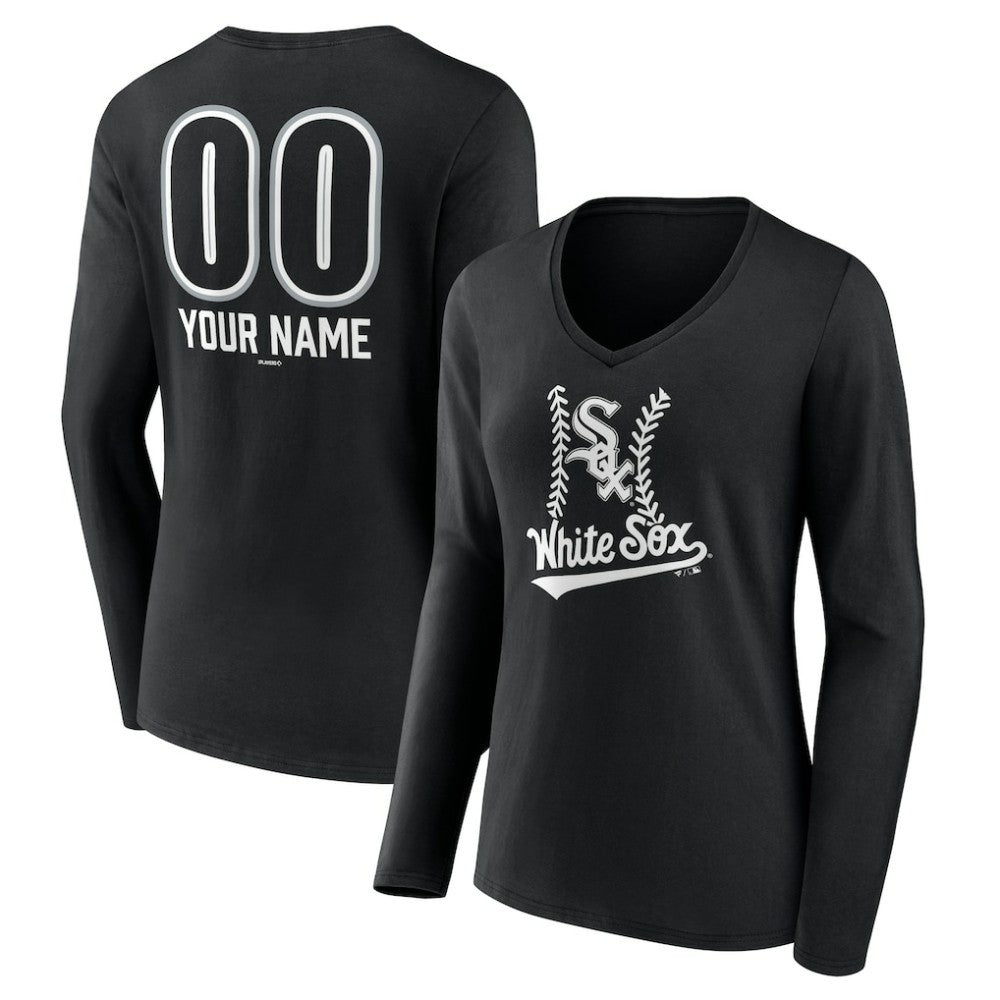 Chicago White Sox Women's Personalized Name & Number Fastball Long Sleeve V-Neck T-Shirt - Black