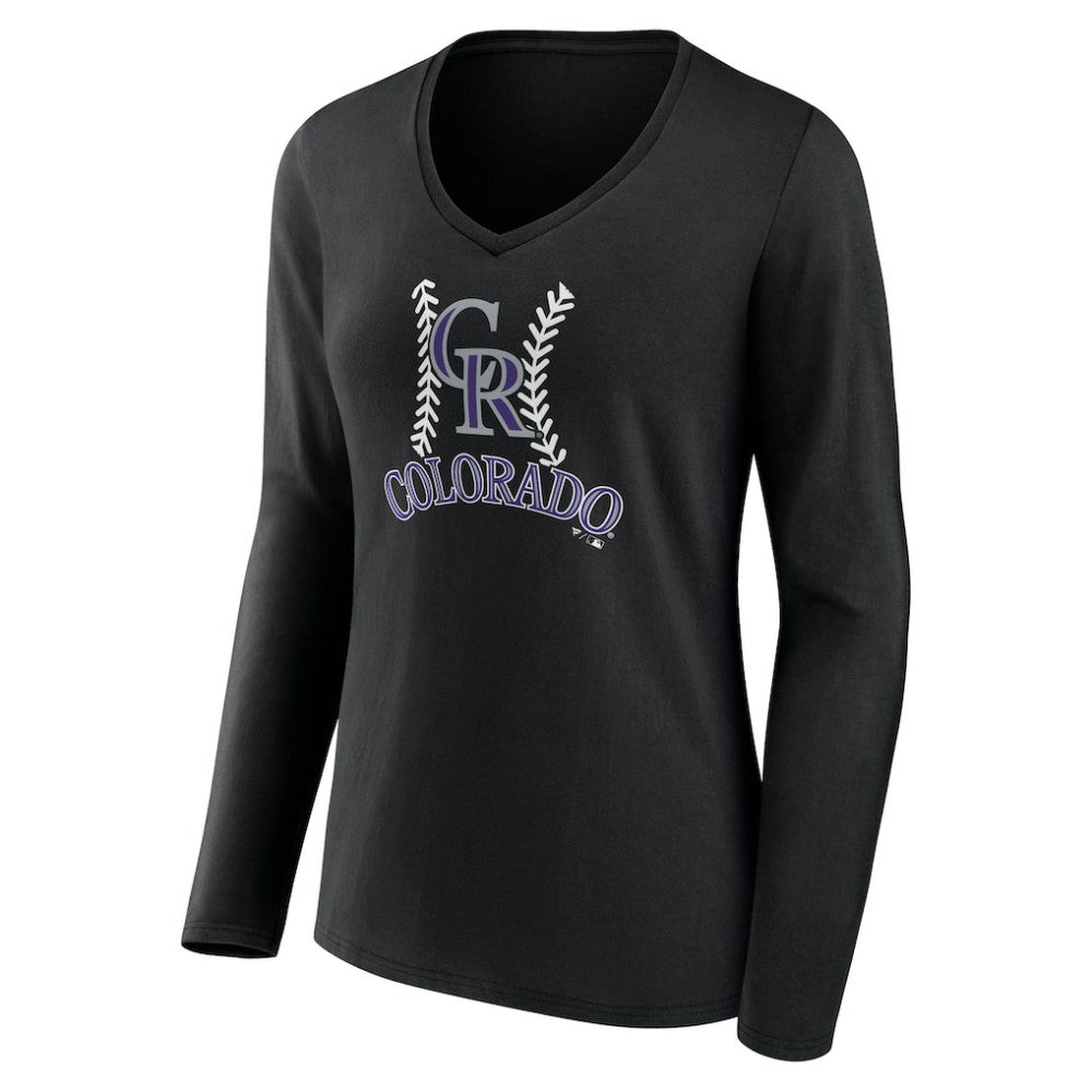 Colorado Rockies Women's Personalized Name & Number Fastball Long Sleeve V-Neck T-Shirt - Black