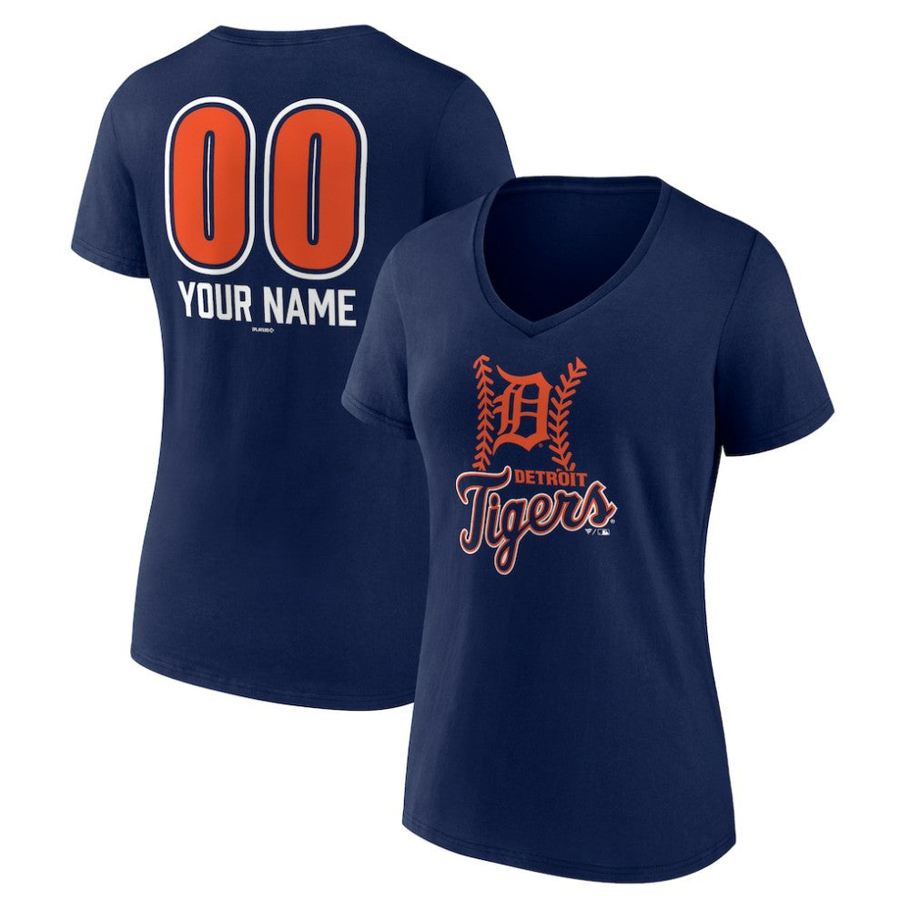 Detroit Tigers Women's Personalized Name & Number Fastball V-Neck T-Shirt - Navy