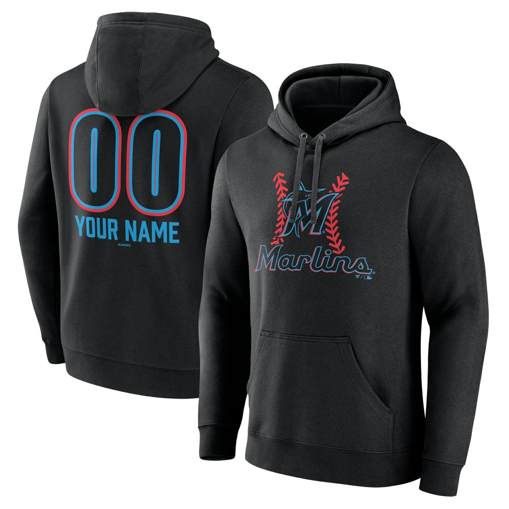Miami Marlins Personalized Name & Number Fastball Pullover Hoodie - Black