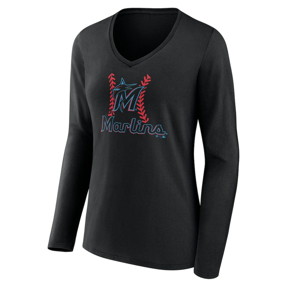 Miami Marlins Women's Personalized Name & Number Fastball Long Sleeve V-Neck T-Shirt - Black