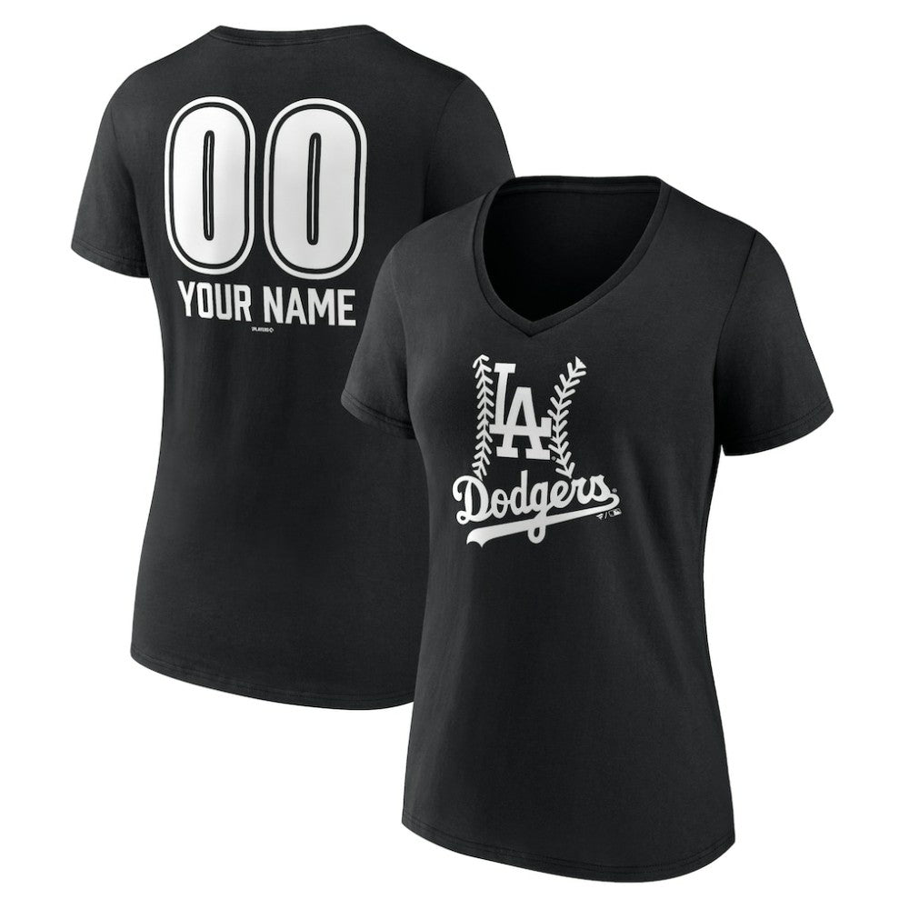 Los Angeles Dodgers Women's Personalized Name & Number Fastball V-Neck T-Shirt - Black