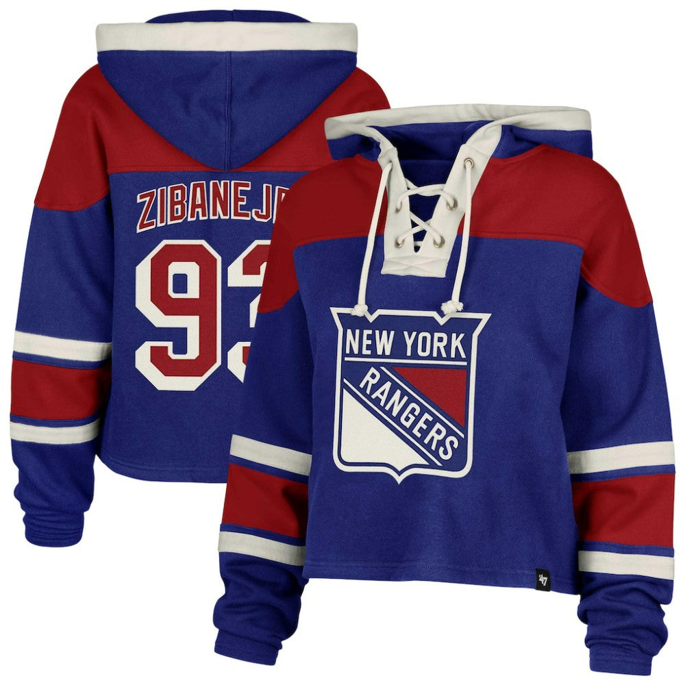 Mika Zibanejad New York Rangers '47 Women's Superior Lacer Cropped Pullover Hoodie Blue