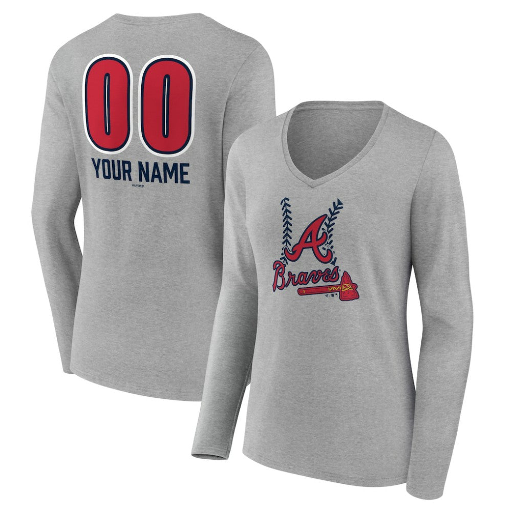 Atlanta Braves Women's Personalized Name & Number Fastball Long Sleeve V-Neck T-Shirt - Gray