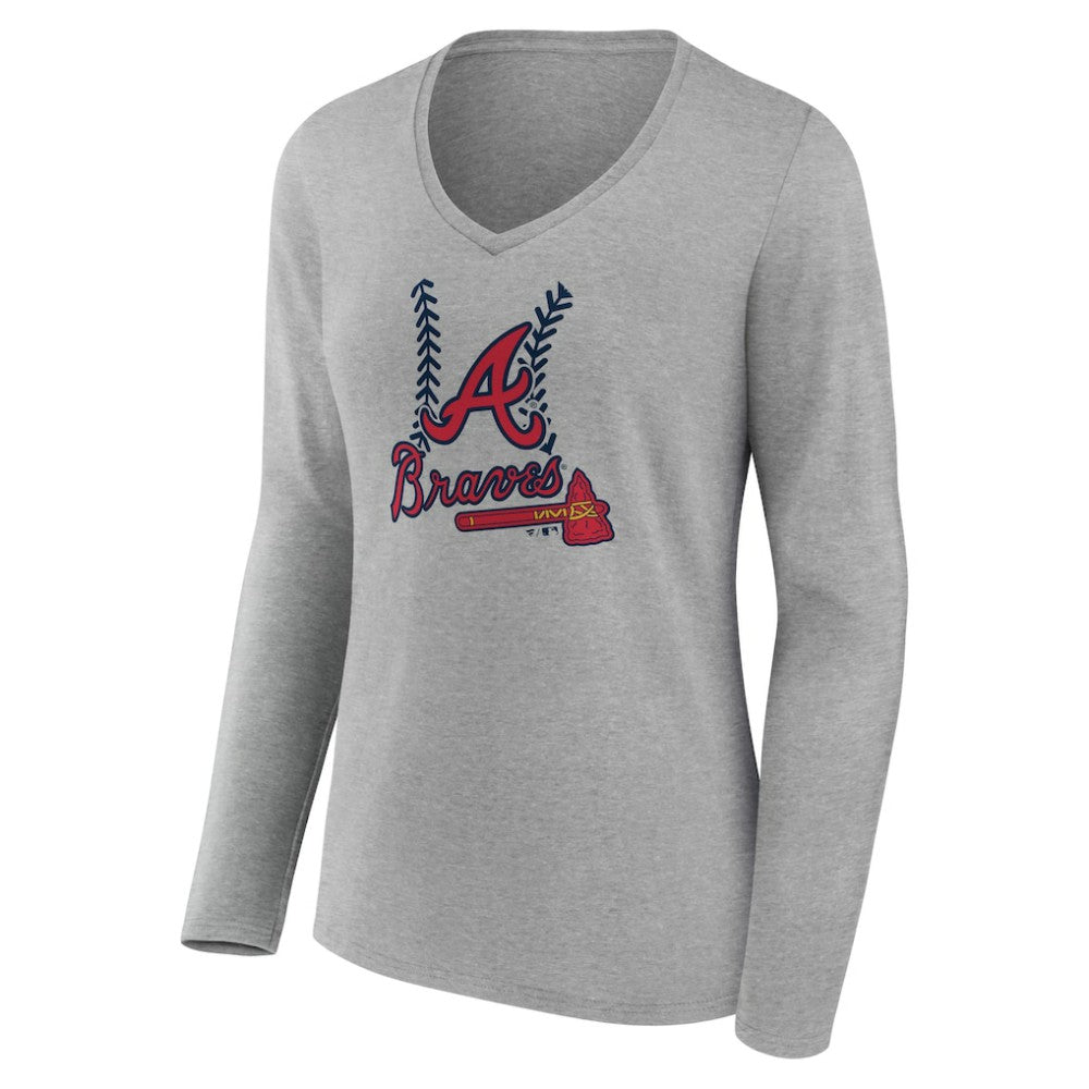 Atlanta Braves Women's Personalized Name & Number Fastball Long Sleeve V-Neck T-Shirt - Gray