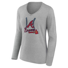 Atlanta Braves Women's Personalized Name & Number Fastball Long Sleeve V-Neck T-Shirt - Gray