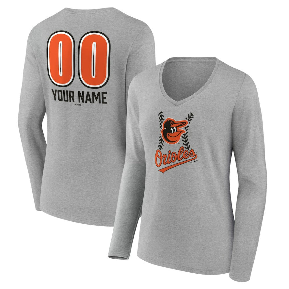 Baltimore Orioles Women's Personalized Name & Number Fastball Long Sleeve V-Neck T-Shirt - Gray