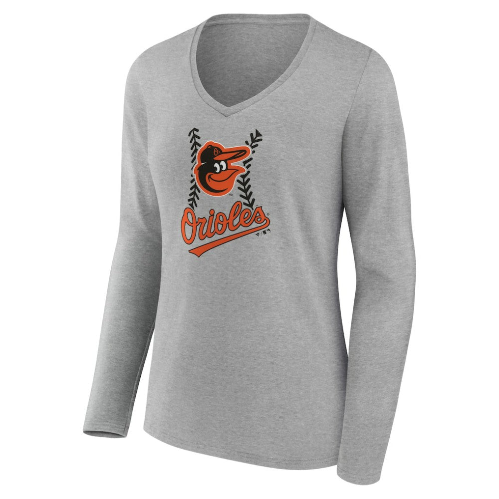 Baltimore Orioles Women's Personalized Name & Number Fastball Long Sleeve V-Neck T-Shirt - Gray