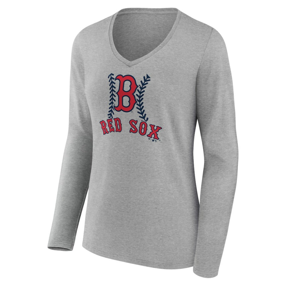 Boston Red Sox Women's Personalized Name & Number Fastball Long Sleeve V-Neck T-Shirt - Gray