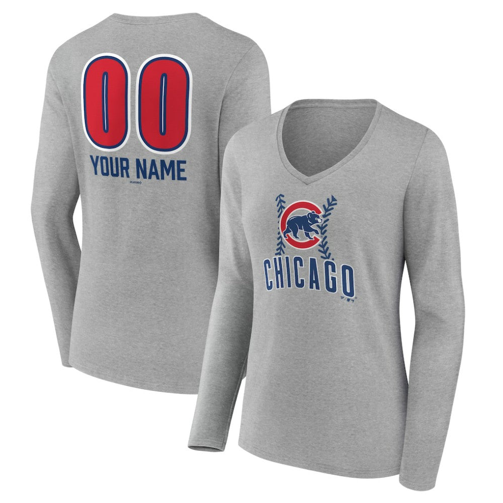 Chicago Cubs Women's Personalized Name & Number Fastball Long Sleeve V-Neck T-Shirt - Gray