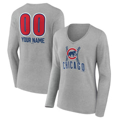 Chicago Cubs Women's Personalized Name & Number Fastball Long Sleeve V-Neck T-Shirt - Gray