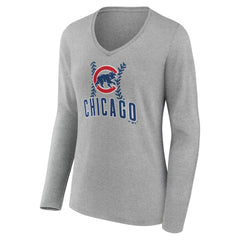 Chicago Cubs Women's Personalized Name & Number Fastball Long Sleeve V-Neck T-Shirt - Gray