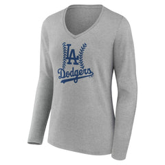 Los Angeles Dodgers Women's Personalized Name & Number Fastball Long Sleeve V-Neck T-Shirt - Gray