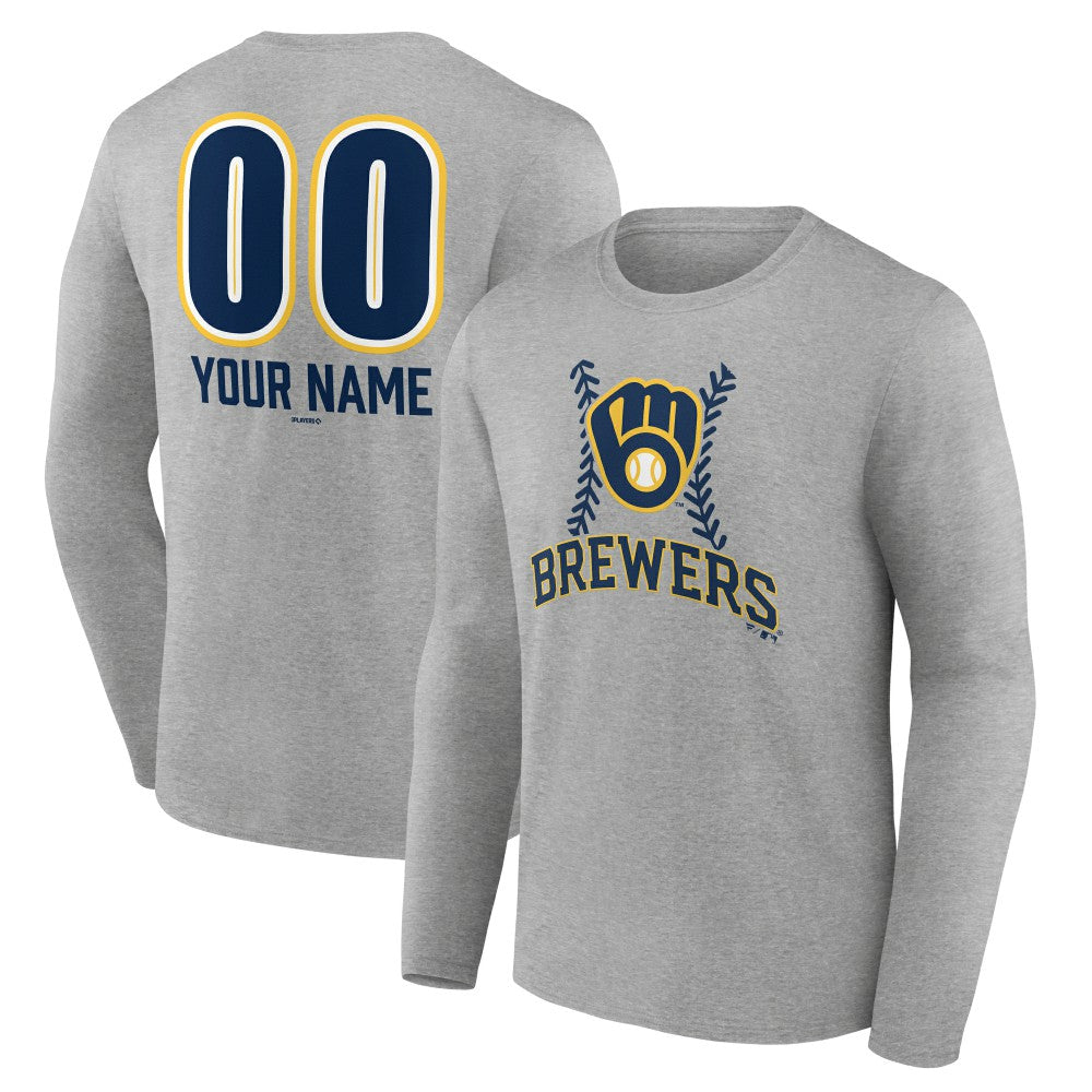 Milwaukee Brewers Personalized Name & Number Fastball Long Sleeve T-Shirt - Gray