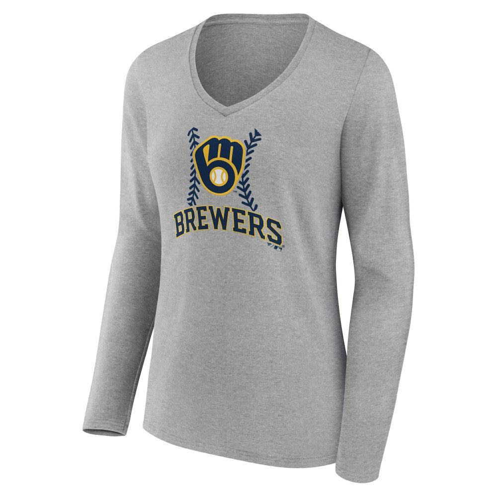 Milwaukee Brewers Women's Personalized Name & Number Fastball Long Sleeve V-Neck T-Shirt - Gray