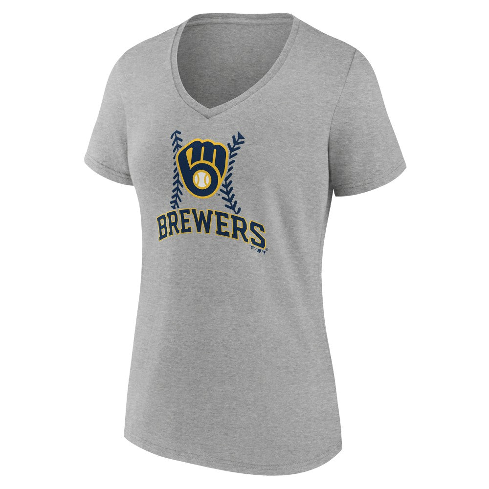 Milwaukee Brewers Women's Personalized Name & Number Fastball V-Neck T-Shirt - Gray