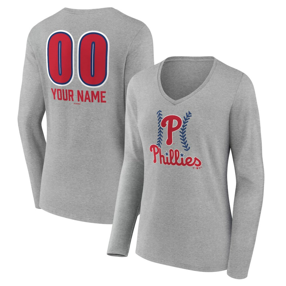 Philadelphia Phillies Women's Personalized Name & Number Fastball Long Sleeve V-Neck T-Shirt - Gray