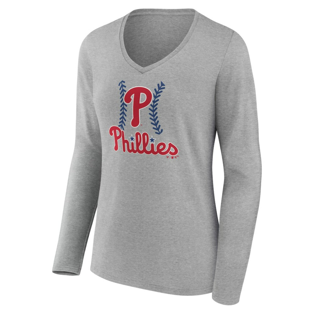 Philadelphia Phillies Women's Personalized Name & Number Fastball Long Sleeve V-Neck T-Shirt - Gray