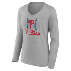 Philadelphia Phillies Women's Personalized Name & Number Fastball Long Sleeve V-Neck T-Shirt - Gray