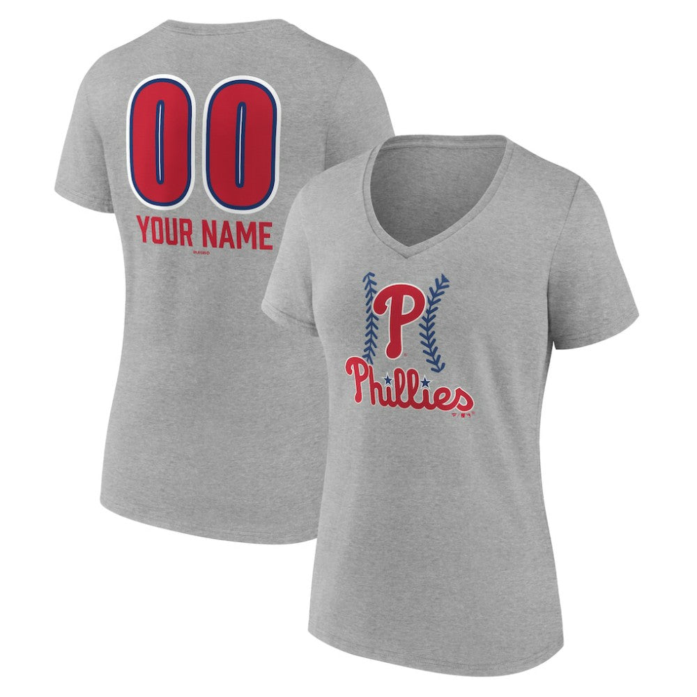 Philadelphia Phillies Women's Personalized Name & Number Fastball V-Neck T-Shirt - Gray