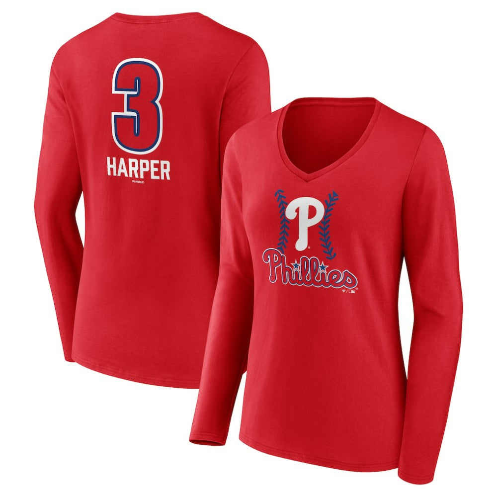 Bryce Harper Philadelphia Phillies Women's Fastball Player Name & Number Long Sleeve V-Neck T-Shirt - Red