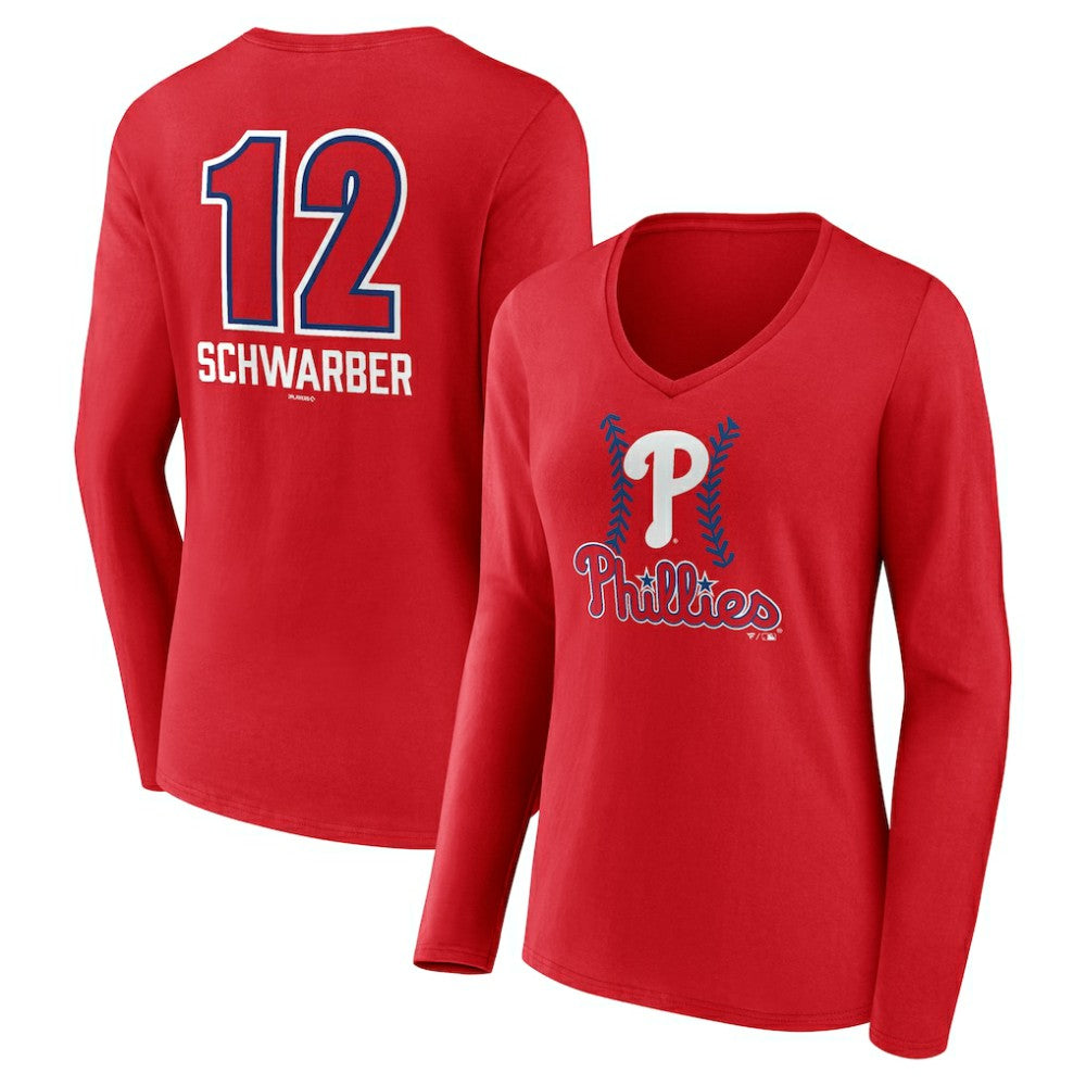 Kyle Schwarber Philadelphia Phillies Women's Fastball Player Name & Number Long Sleeve V-Neck T-Shirt - Red