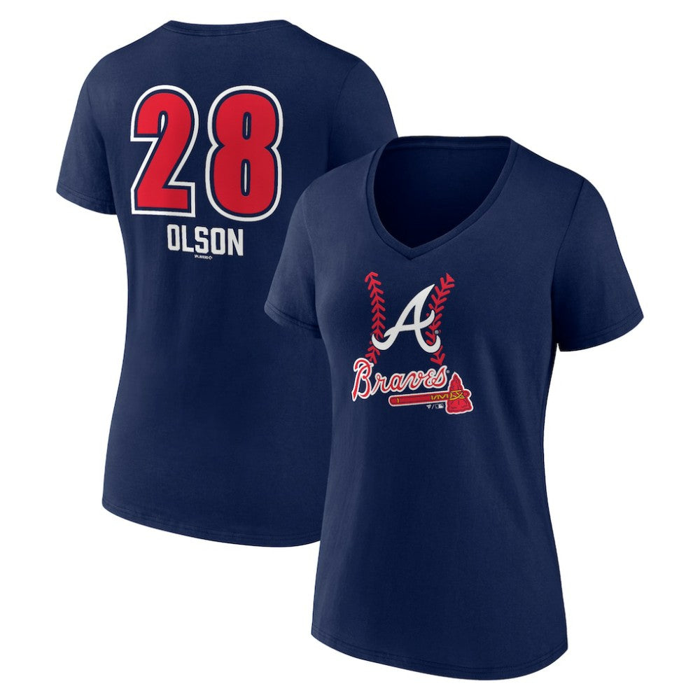 Matt Olson Atlanta Braves Women's Fastball Player Name & Number V-Neck T-Shirt - Navy