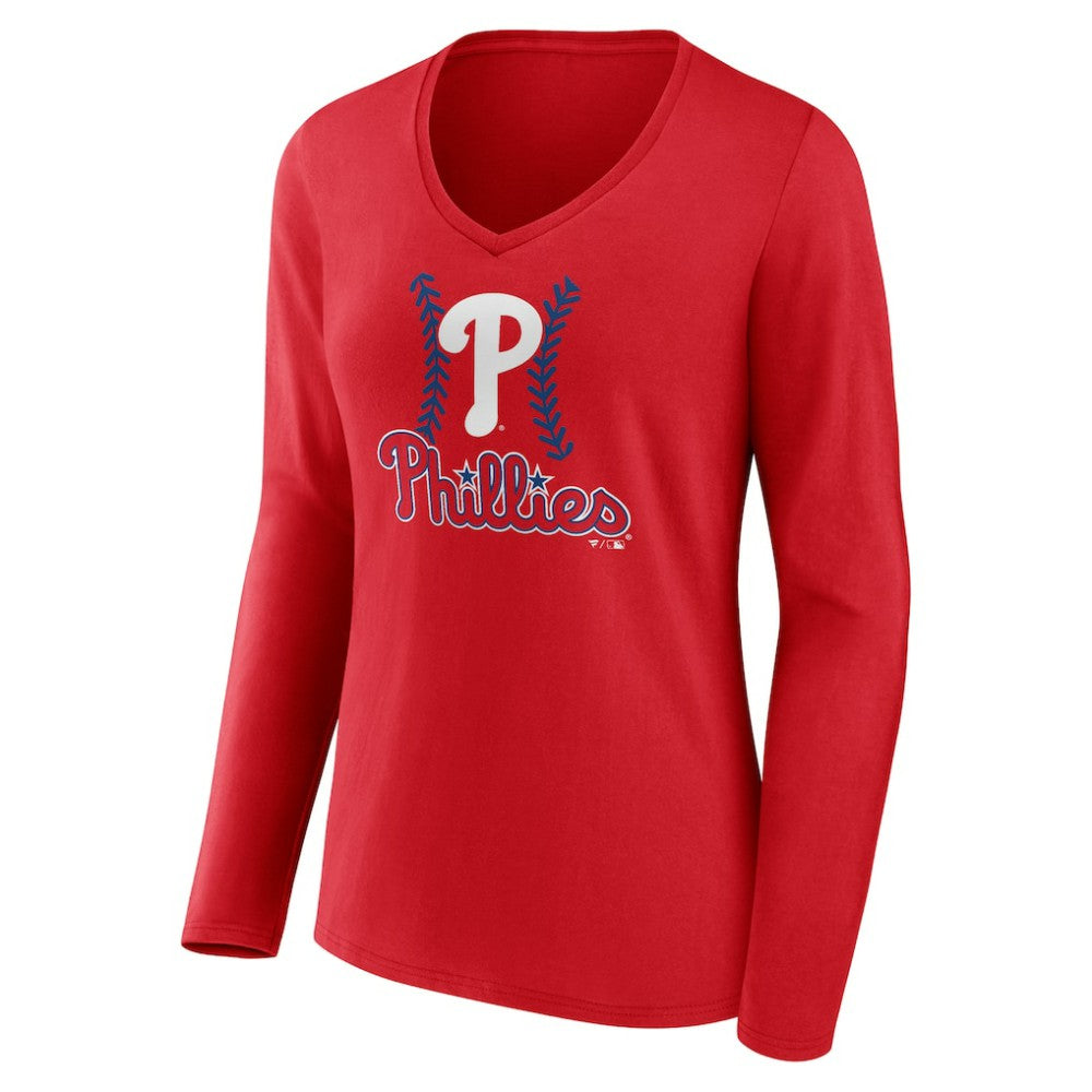 Trea Turner Philadelphia Phillies Women's Fastball Player Name & Number Long Sleeve V-Neck T-Shirt - Red