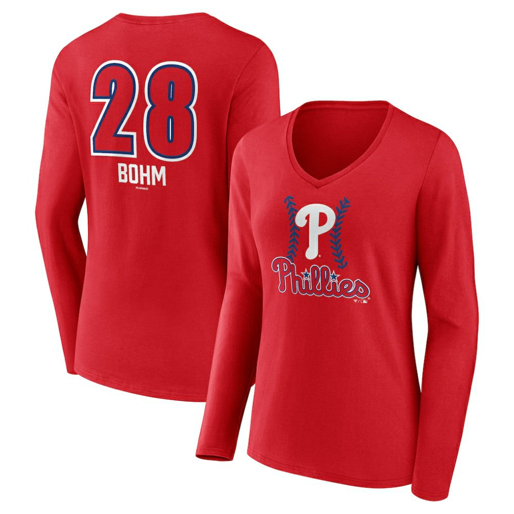 Alec Bohm Philadelphia Phillies Women's Fastball Player Name & Number Long Sleeve V-Neck T-Shirt - Red