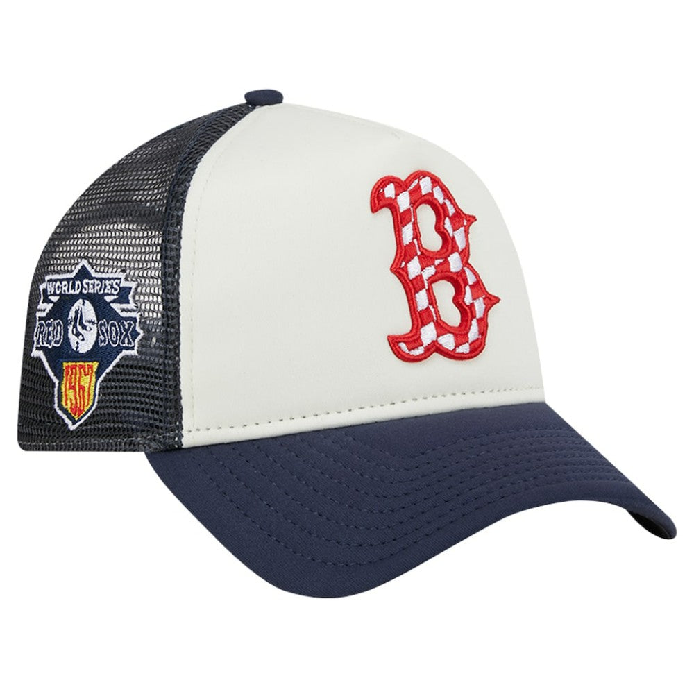 Boston Red Sox Checkered Flag A-Frame Trucker 9FORTY Adjustable Hat - White/Navy | New Era