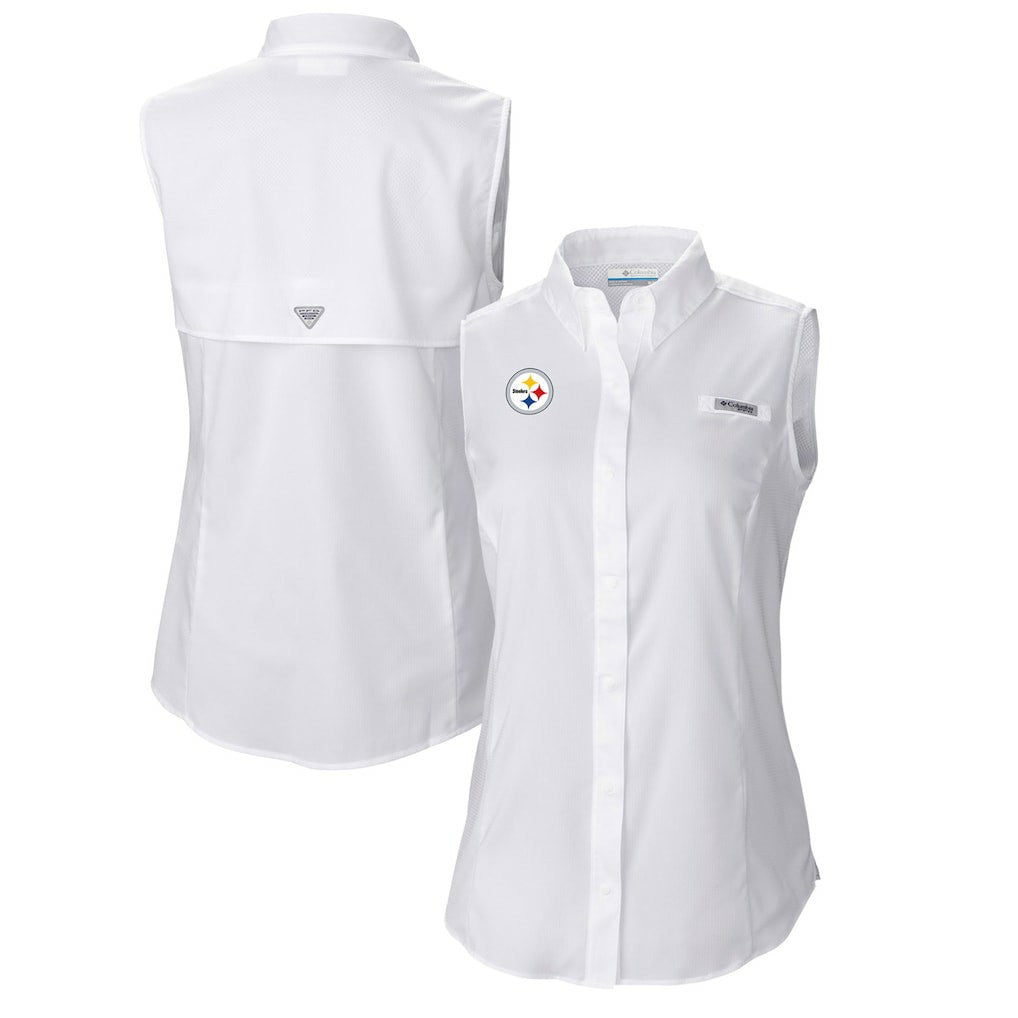 Pittsburgh Steelers Women's PFG Tamiami Omni-Shade Sleeveless Button-Up Shirt - White sale