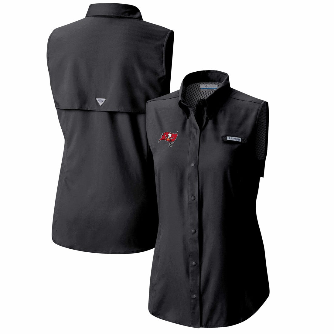 Tampa Bay Buccaneers Women's PFG Tamiami Omni-Shade Sleeveless Button-Up Shirt - Black on sale