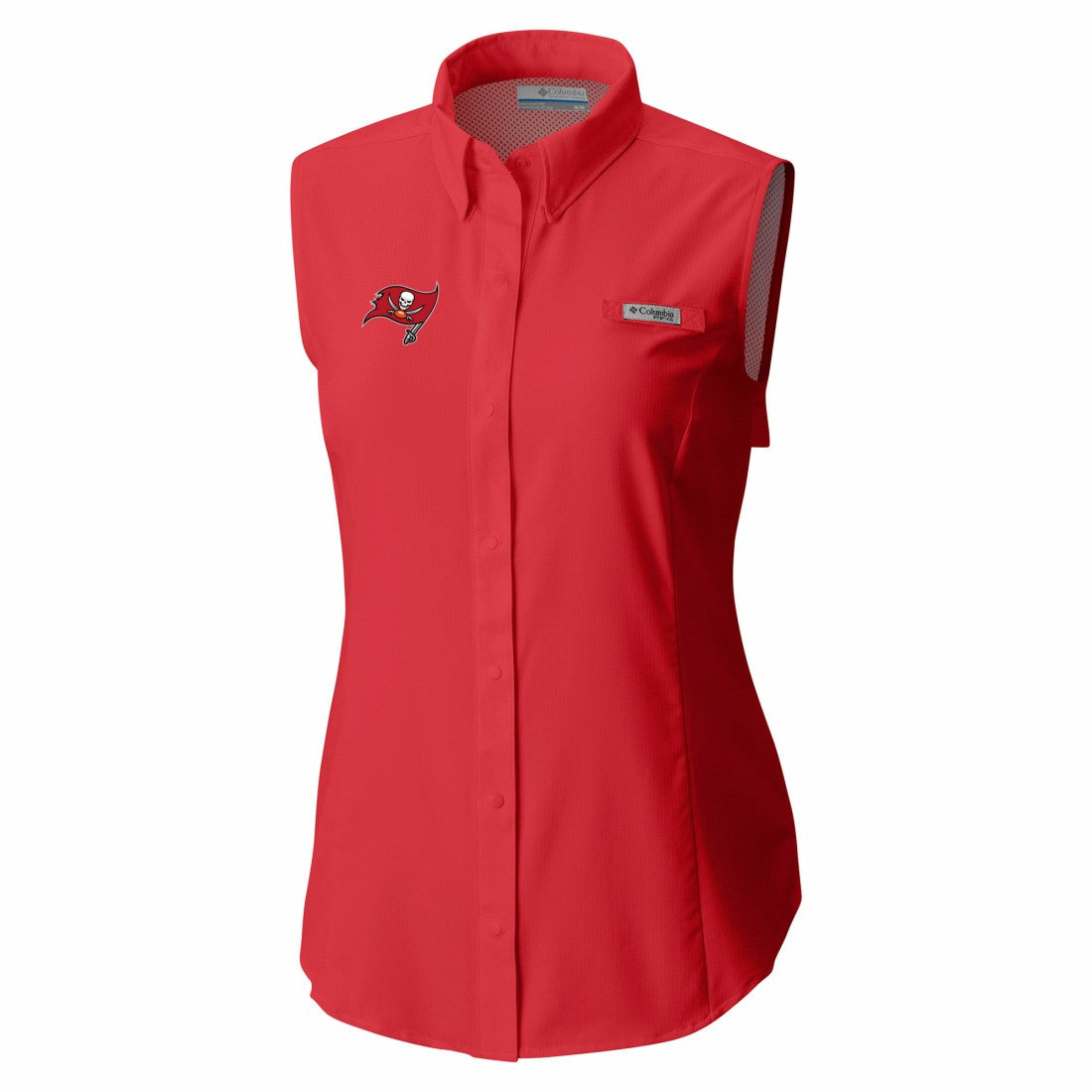 Tampa Bay Buccaneers Women's PFG Tamiami Omni-Shade Sleeveless Button-Up Shirt - Red on sale