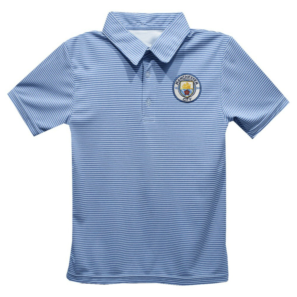 Manchester City Vive La Fete Youth Pencil Stripe Polo - Sky Blue on sale