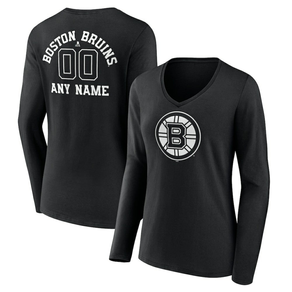 Boston Bruins Women's Personalized Name & Number Monochrome Long Sleeve V-Neck T-Shirt Black