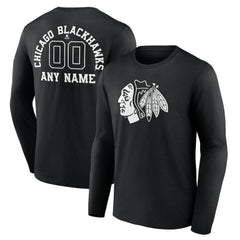Chicago Blackhawks Personalized Name & Number Monochrome Long Sleeve T-Shirt Black