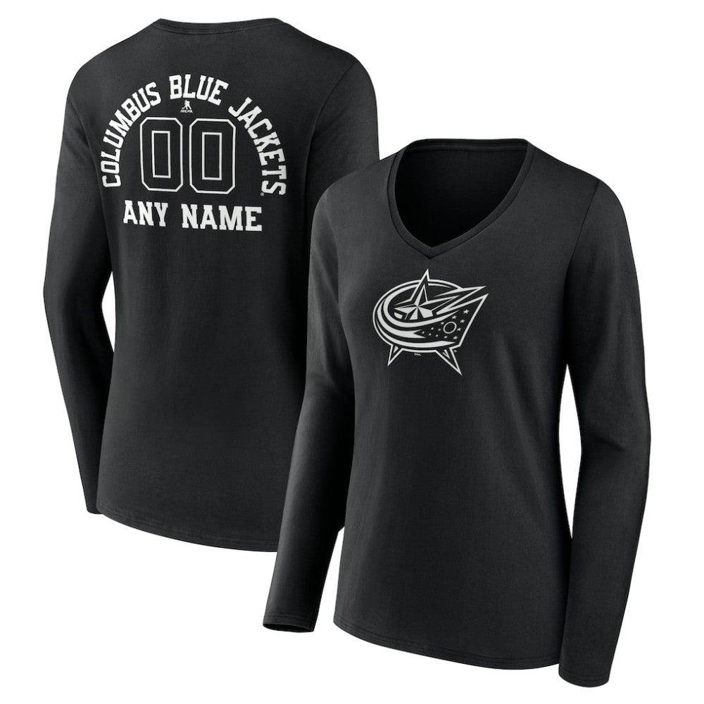 Columbus Blue Jackets Women's Personalized Name & Number Monochrome Long Sleeve V-Neck T-Shirt Black