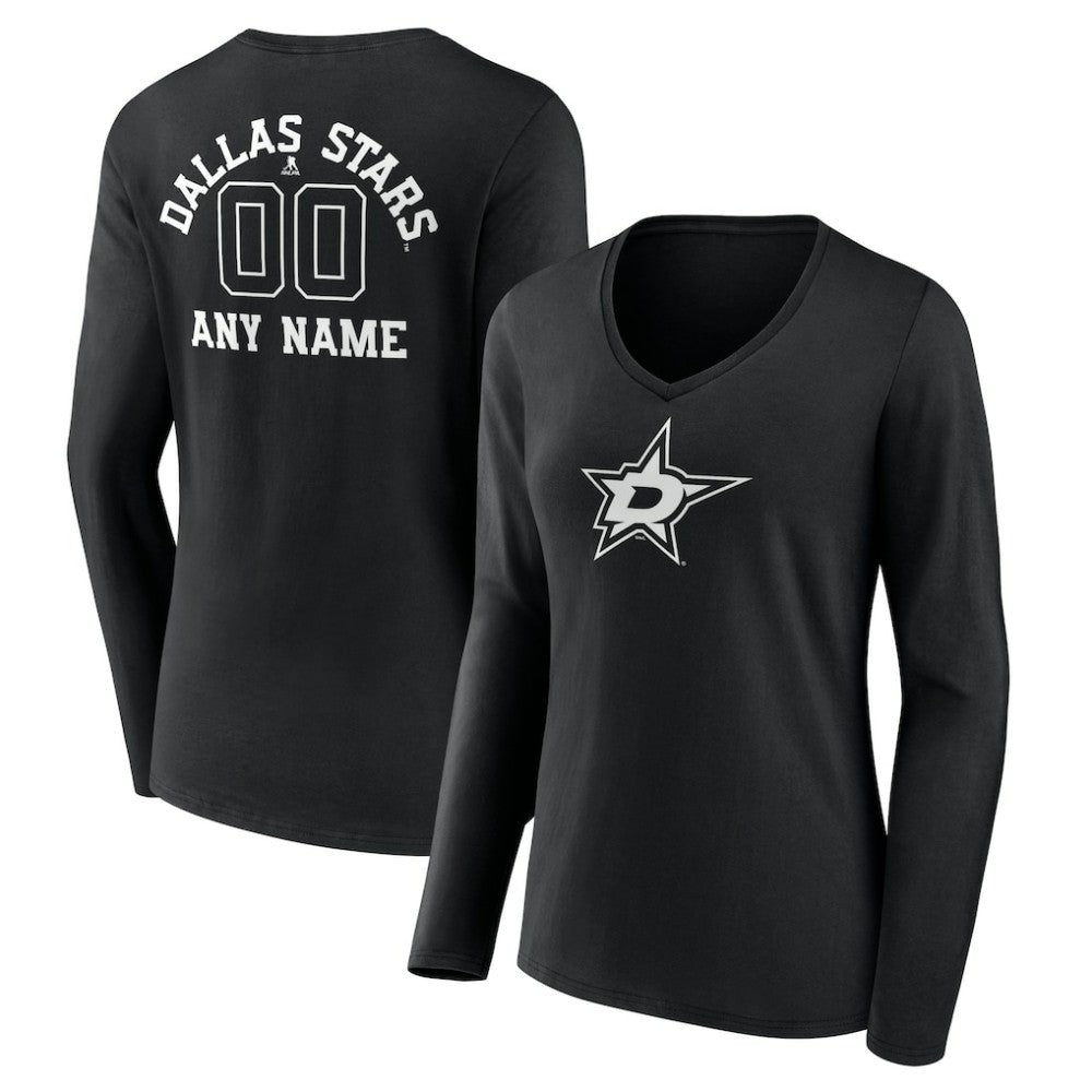 Dallas Stars Women's Personalized Name & Number Monochrome Long Sleeve V-Neck T-Shirt Black