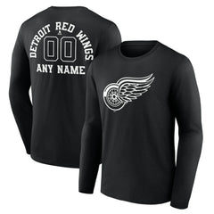 Detroit Red Wings Personalized Name & Number Monochrome Long Sleeve T-Shirt Black