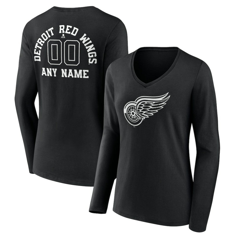 Detroit Red Wings Women's Personalized Name & Number Monochrome Long Sleeve V-Neck T-Shirt Black