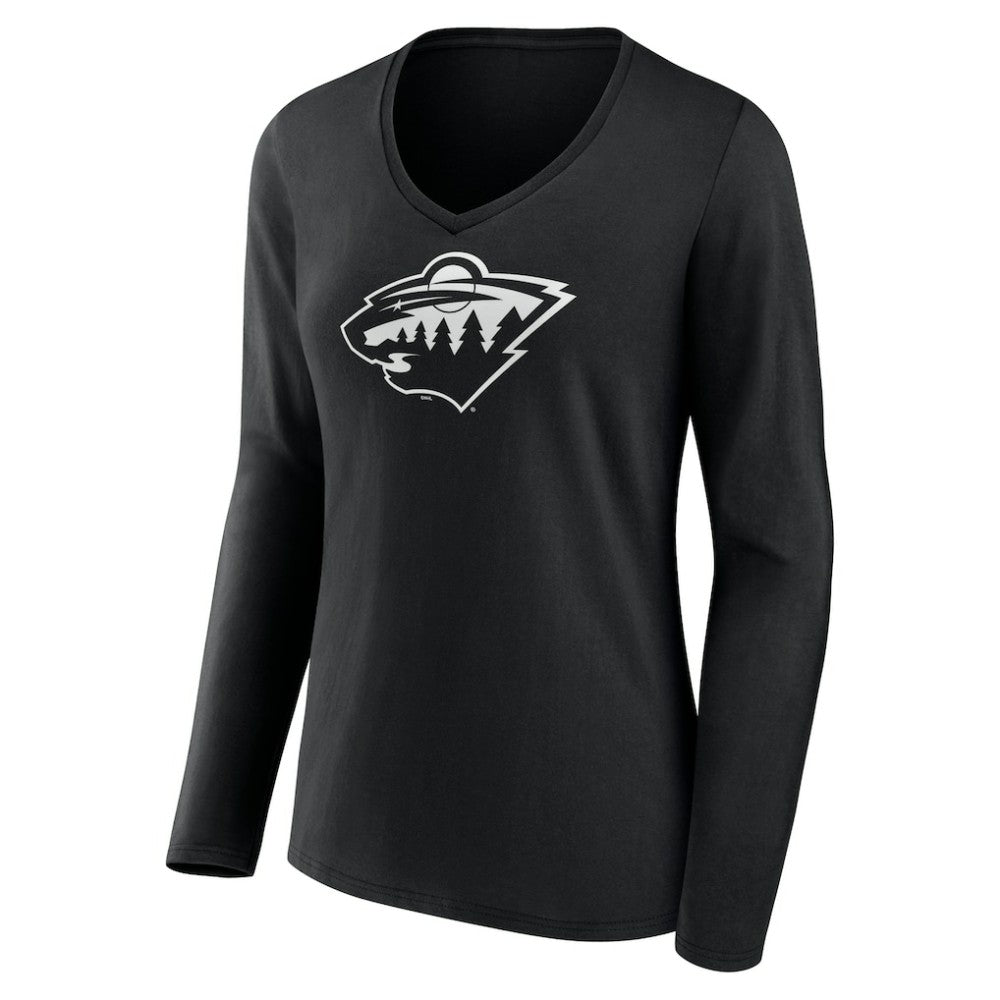 Minnesota Wild Women's Personalized Name & Number Monochrome Long Sleeve V-Neck T-Shirt Black