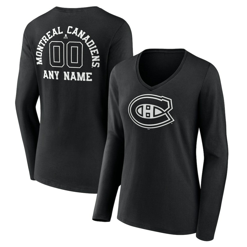 Montreal Canadiens Women's Personalized Name & Number Monochrome Long Sleeve V-Neck T-Shirt Black