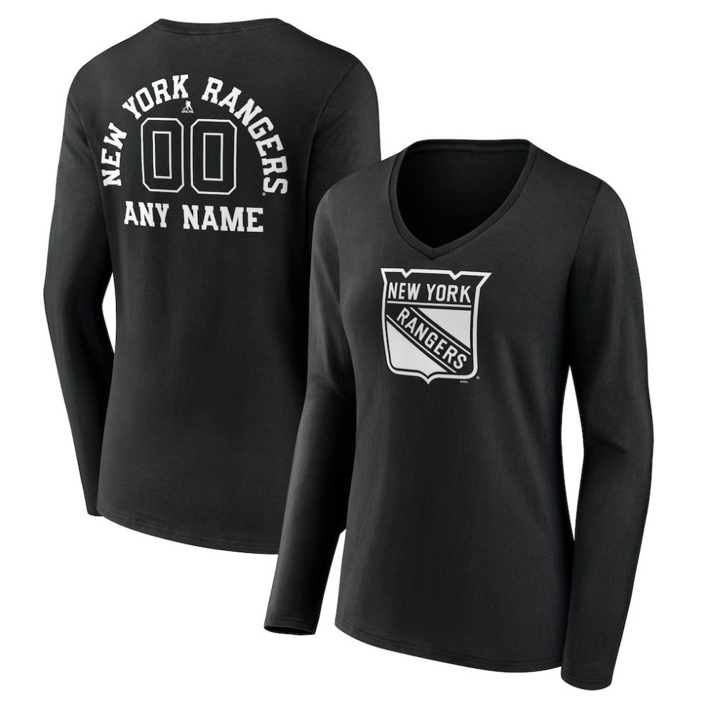 New York Rangers Women's Personalized Name & Number Monochrome Long Sleeve V-Neck T-Shirt Black